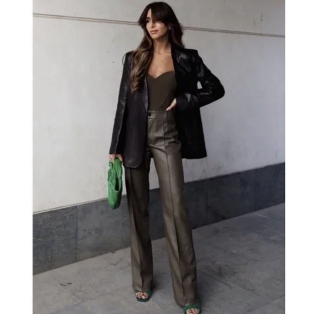 🍂 ZARA ASH BROWN FAUX LEATHER FULL LENGTH STRAIGHT LEG HIGH WAIST PANTS! - Picture 13 of 16